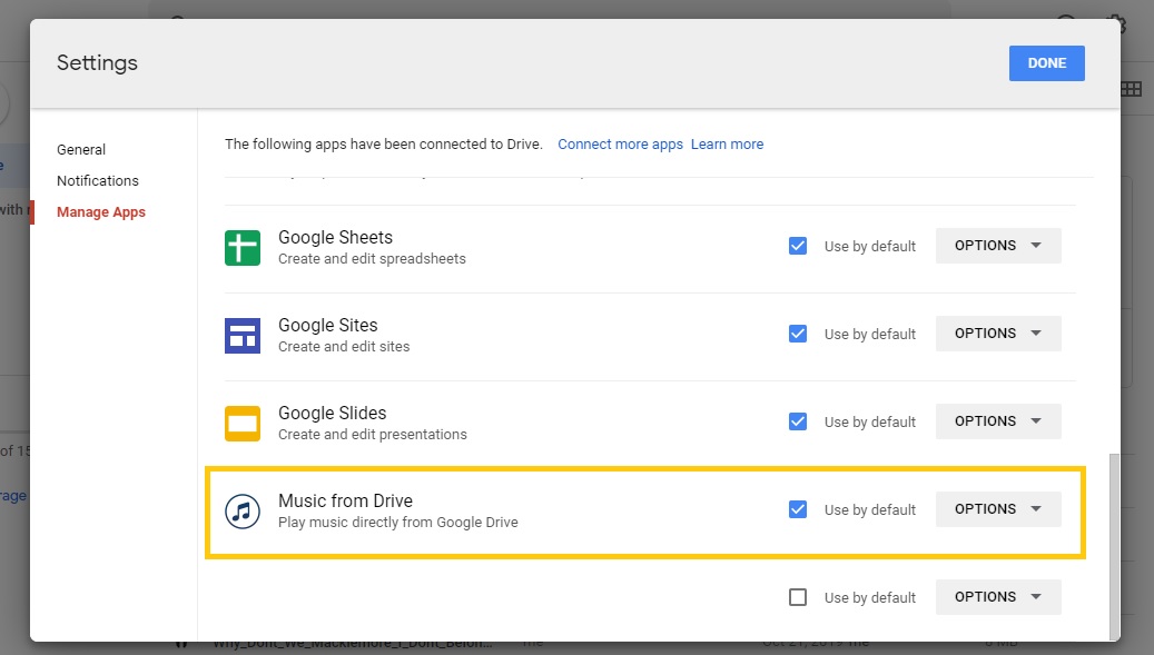 google drive settings - manage apps